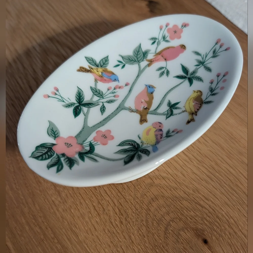 VTG Footed Soap Dish with Pastel Birds in a Cherry Blossom Tree - Picture 2 of 7